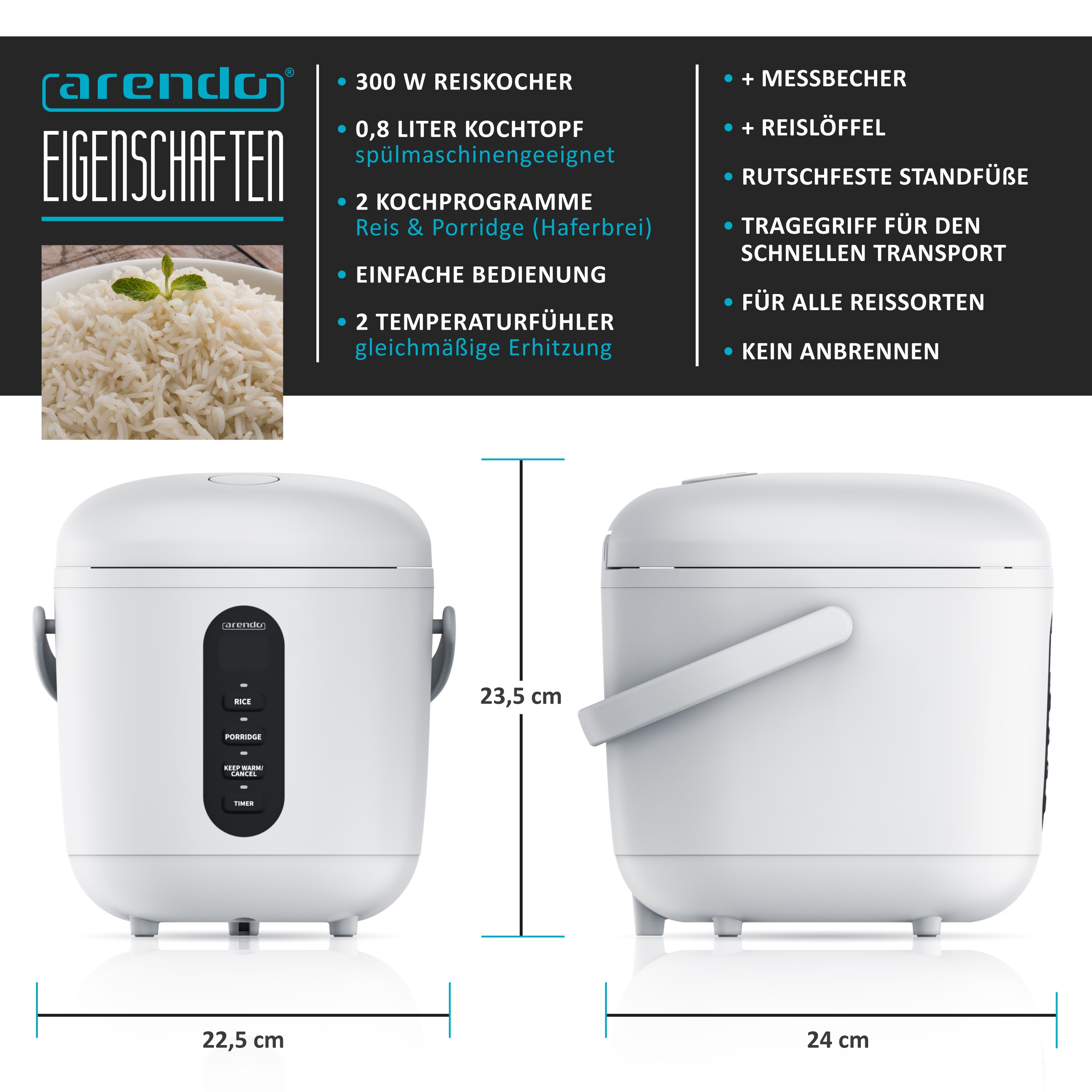 Arendo Reiskocher digital 0,8L mit Messbecher & Reislöffel, 2 Kochprogramme, Warmhaltefunktion, Timer, 300W, Weiß