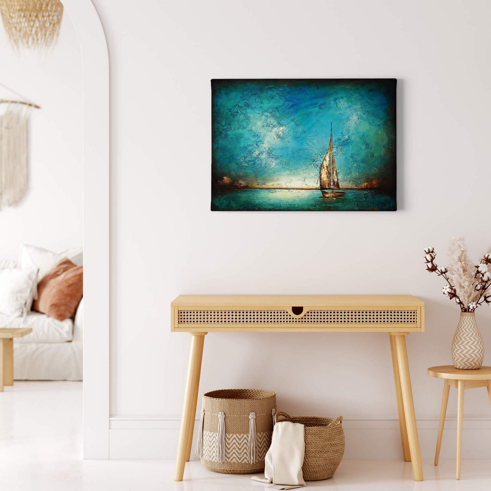 Leinwandbild EINSAMES BOOT - türkis - 70x50 cm