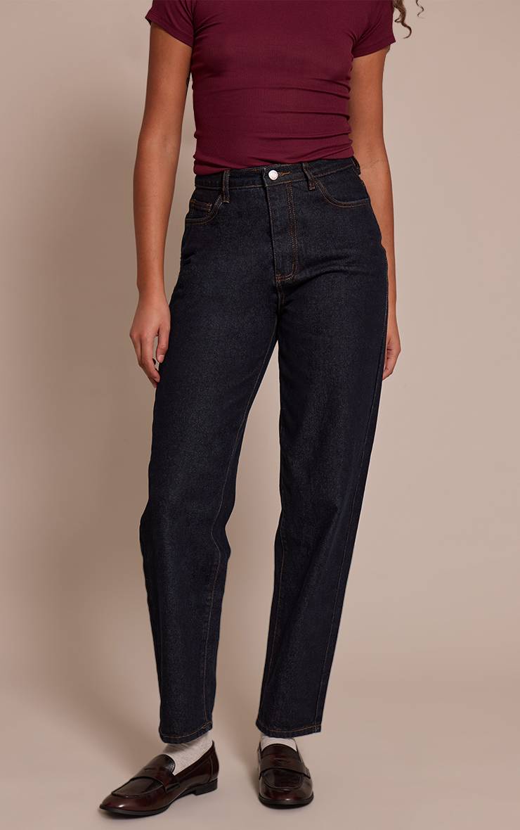 Bleu Indigo Foncé Jean Mom Taille Haute Coupe Longue