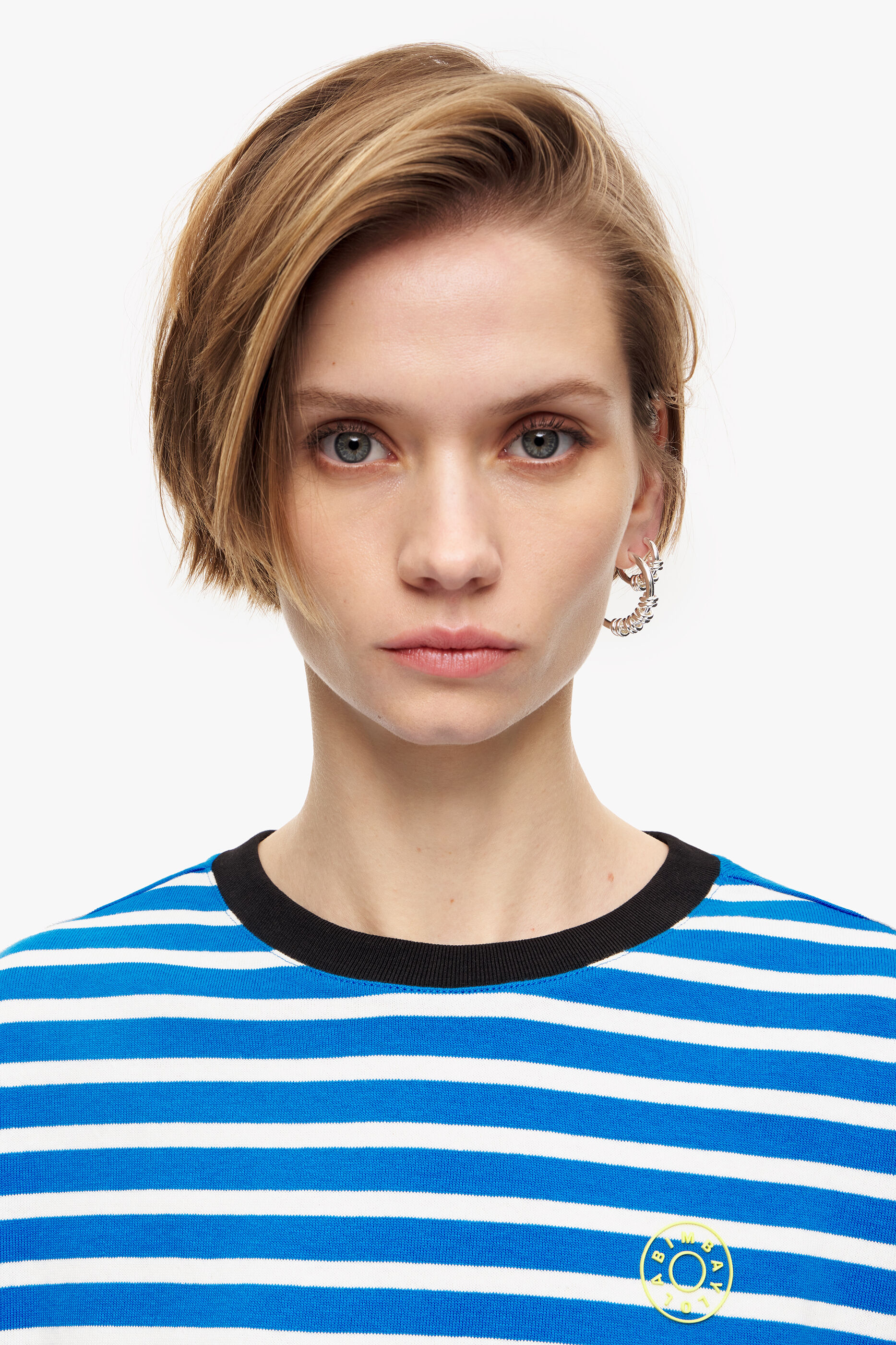 camiseta de algodão listrada azul