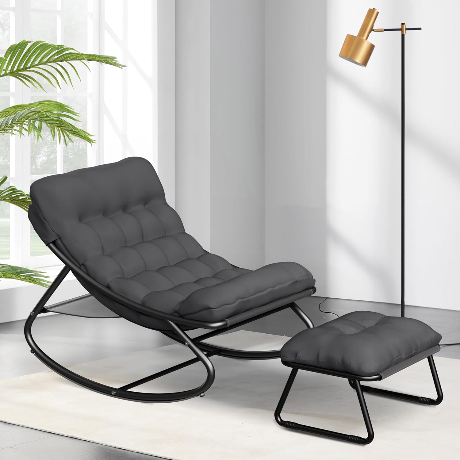 Schaukelstuhl für drinnen & draußen mit Kissen, XXL Schaukelsessel mit Hocker, Outdoor Lounge Sessel, Relaxsessel Relaxstuhl bis 150 kg Belastbar für Garten Balkon Wohnzimmer (Grau)