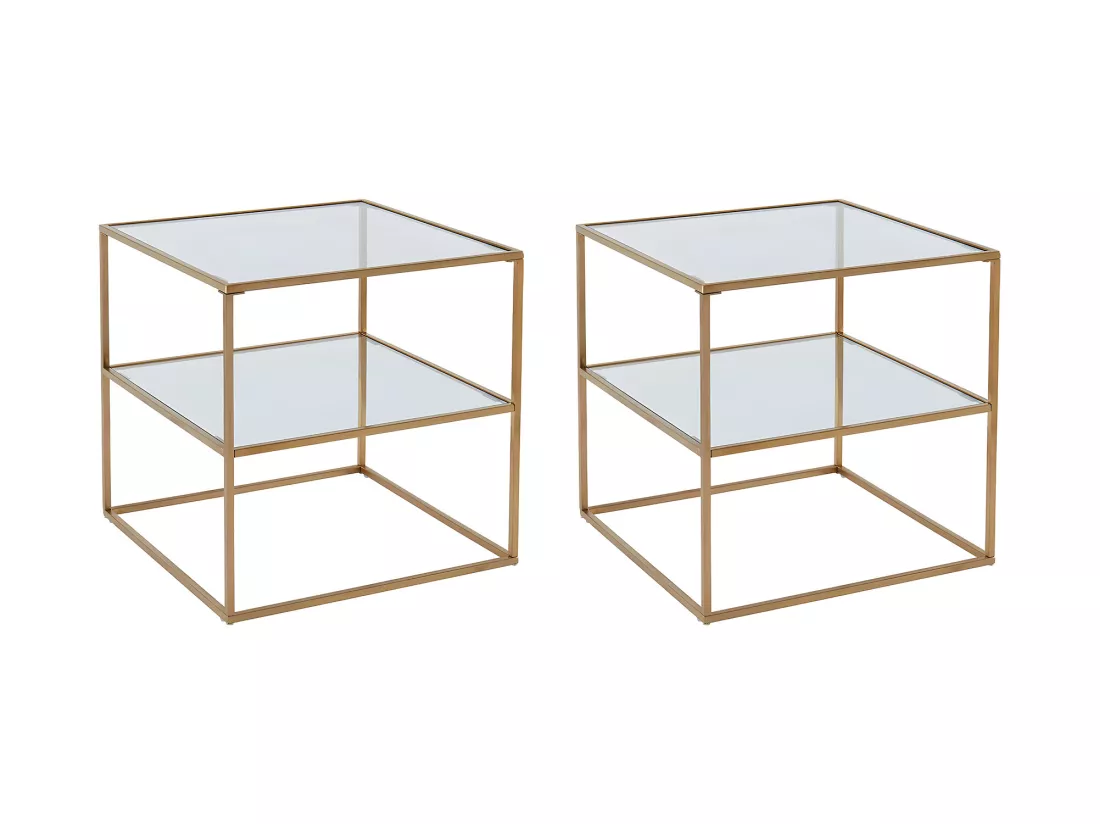 Lot de 2 tables de chevet - 1 tablette - Verre trempé et acier - Doré - KOHANA