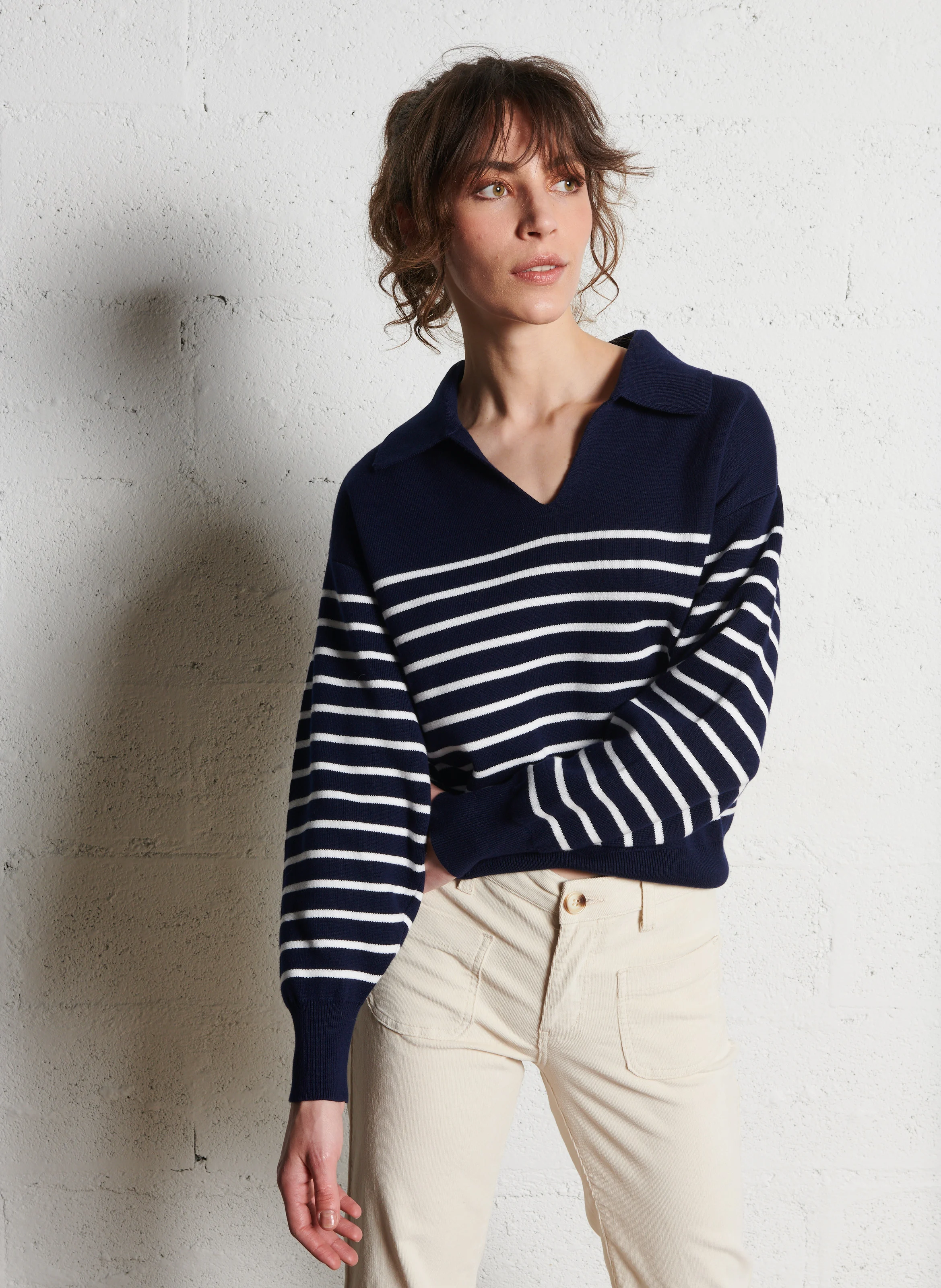 ANTONELLA - Pull col classique rayé en coton| Bleu