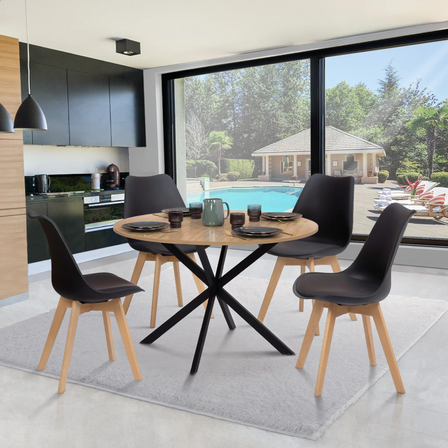 Table à manger ronde ALIX 6 personnes pied araignée bois et noir 110 cm