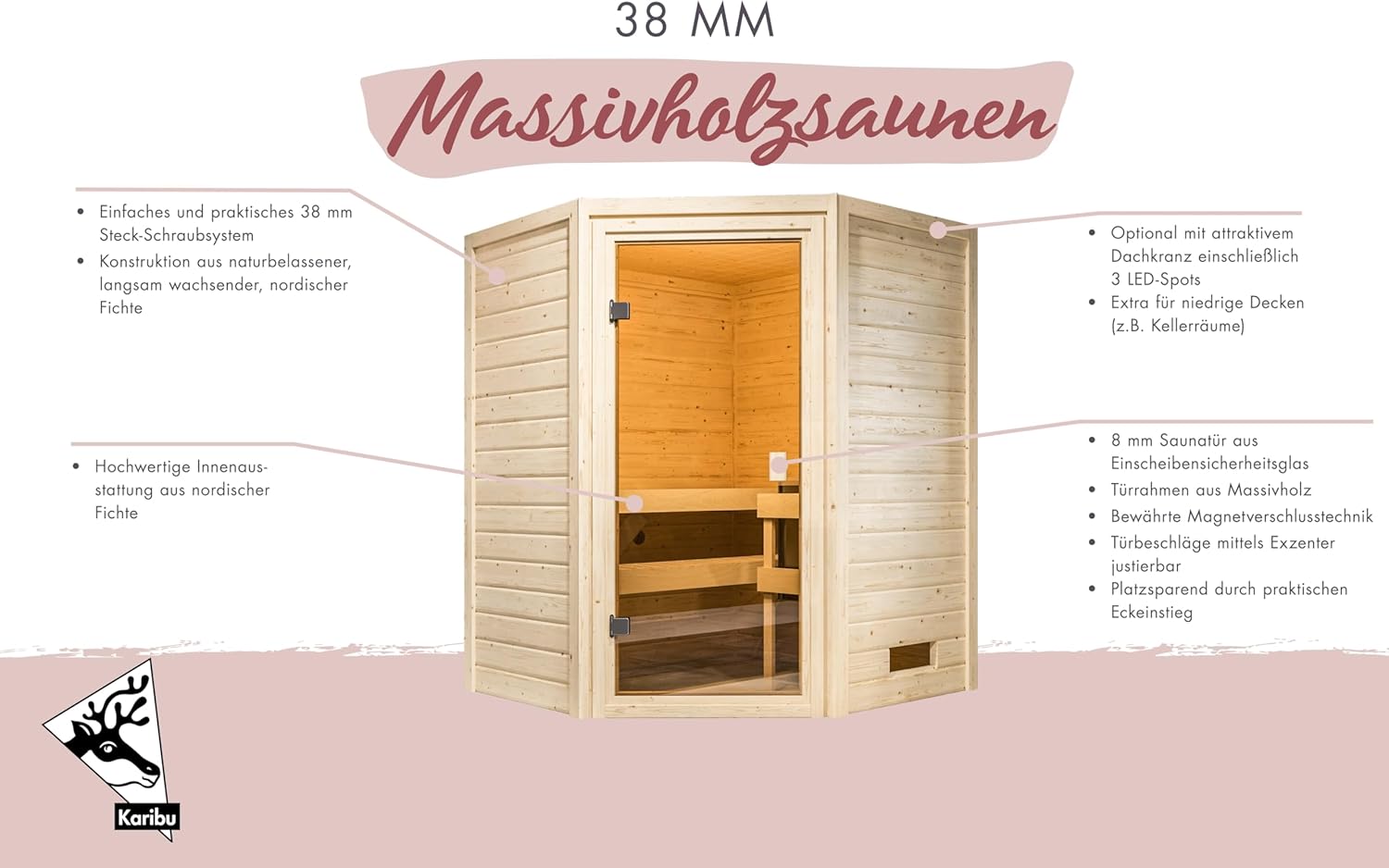 Innensauna Danika inkl. Saunaofen 3,6kW integr. Steuerung Saunakabine Heimsauna