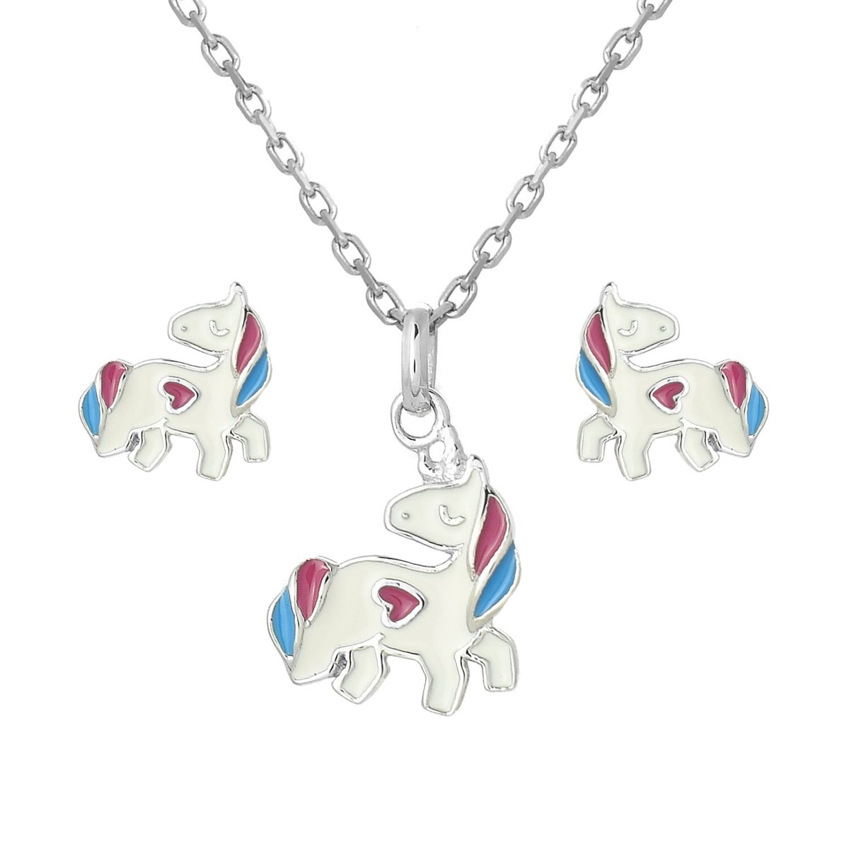 Parure licorne coeur émail coloré Argent 925 Rhodié