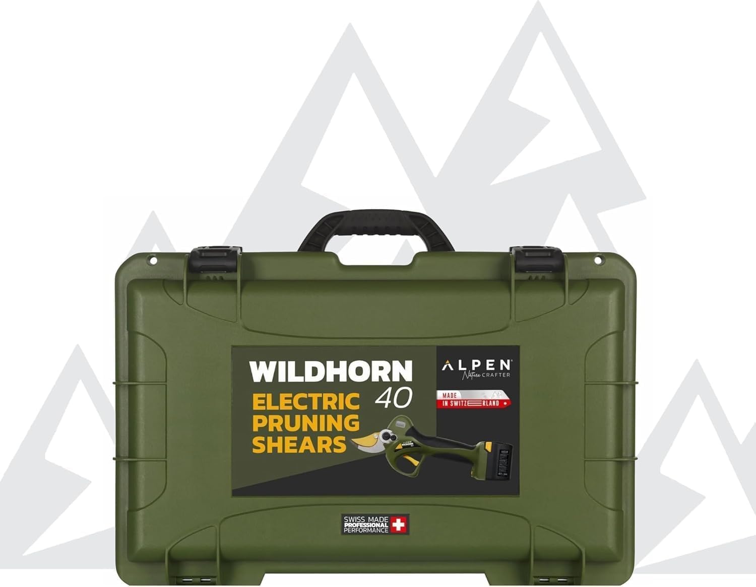 Alpen Swiss Tools Elektrische Gartenschere Wildhorn 40 - HSS-Titan-Klinge, 40 mm Schnittdurchmesser, 1 Li-Ion-Akkus, 3-fach-Ladegerät, Koffer & Zubehör