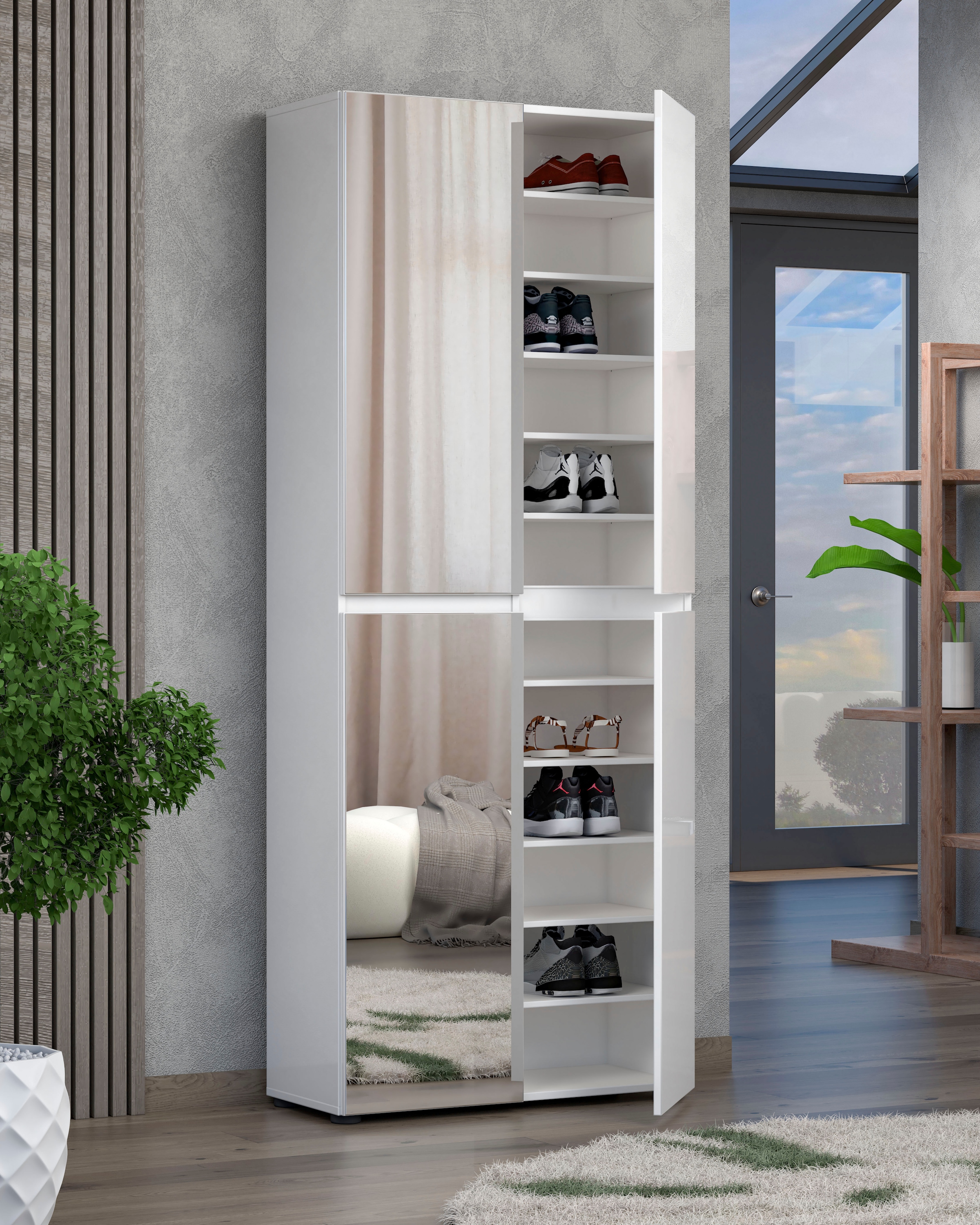 INOSIGN Schuhschrank »Mister,Schuhkommode,Schuhmöbel,Schuhablage,Schuhregal« Breite 80 cm, Höhe 200 cm, Tiefe 34 cm, 4 Türen, 12 Fächer, 2 Spiegel