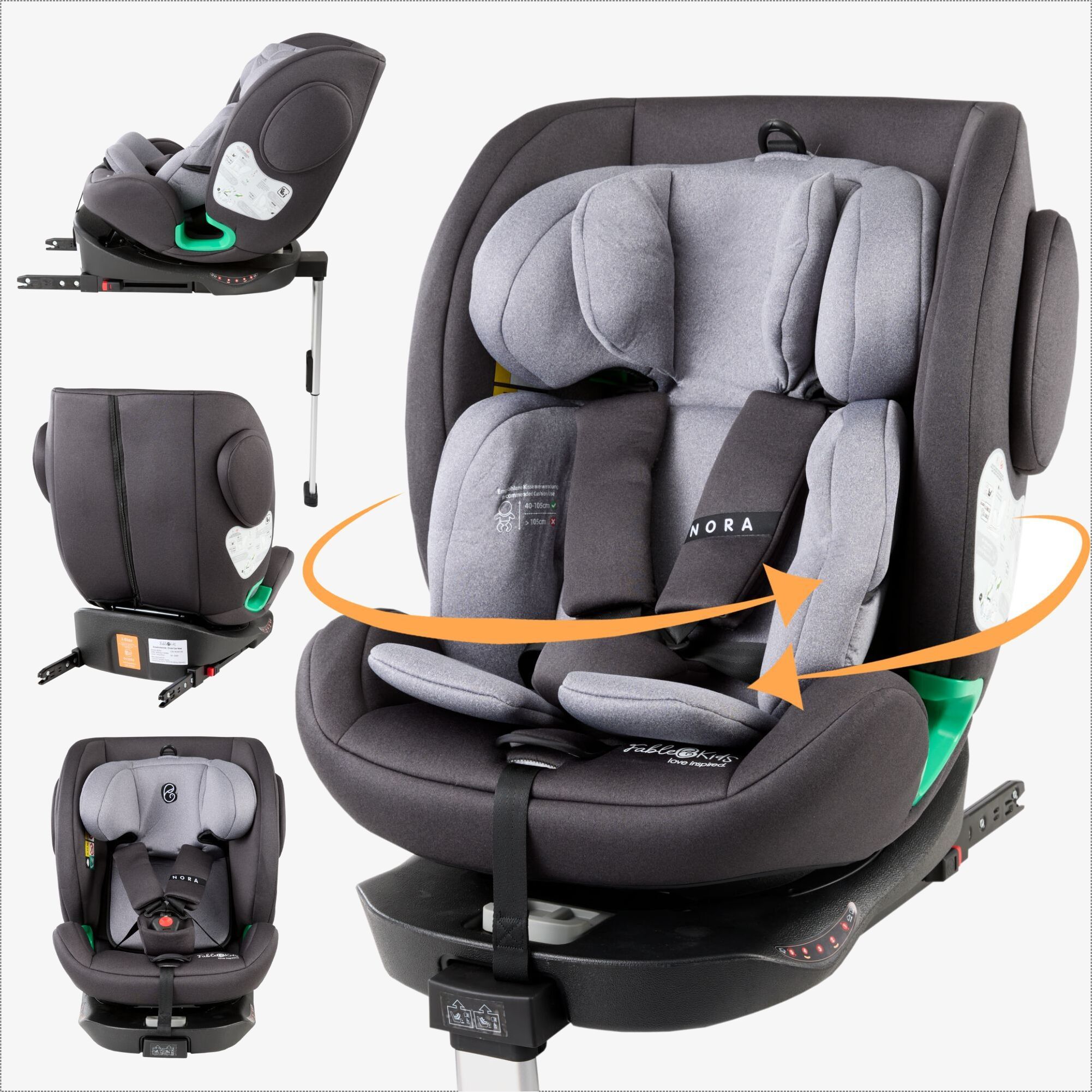 FableKids 360° i-Size Kinder-Autositz mit ISOFIX und Stützbein NORA Grau