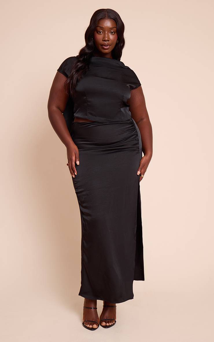 Noir Jupe Longue Grande Taille En Satin Froncé Avec Fente Détail