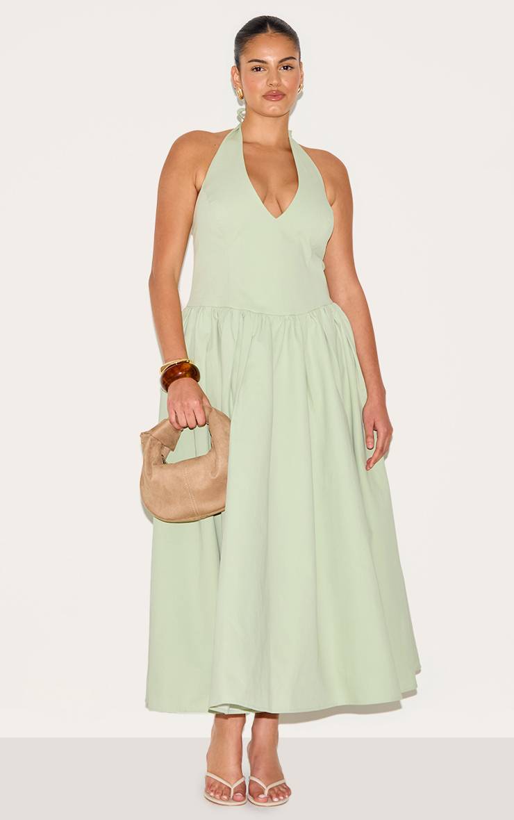 Vert Sauge Robe Midaxi Grande Taille Col Licou Avec Détail Nœud
