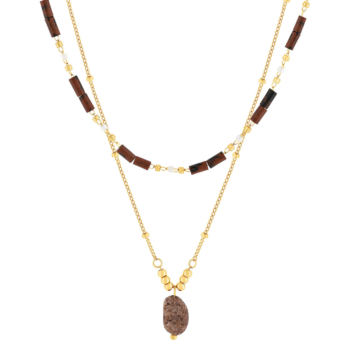Collier acier doré 2 rangs pierres oeil de tigre 48 cm