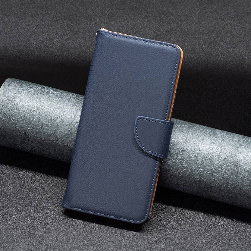iPhone 14 Pro Leder Tasche Flip Cover im Litchi Look mit Kartenfach   Handschlaufe - Dunkelblau