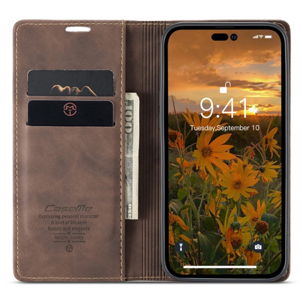 iPhone 14 Pro Leder Tasche Flip Wallet Etui mit Kartenfächern - Braun