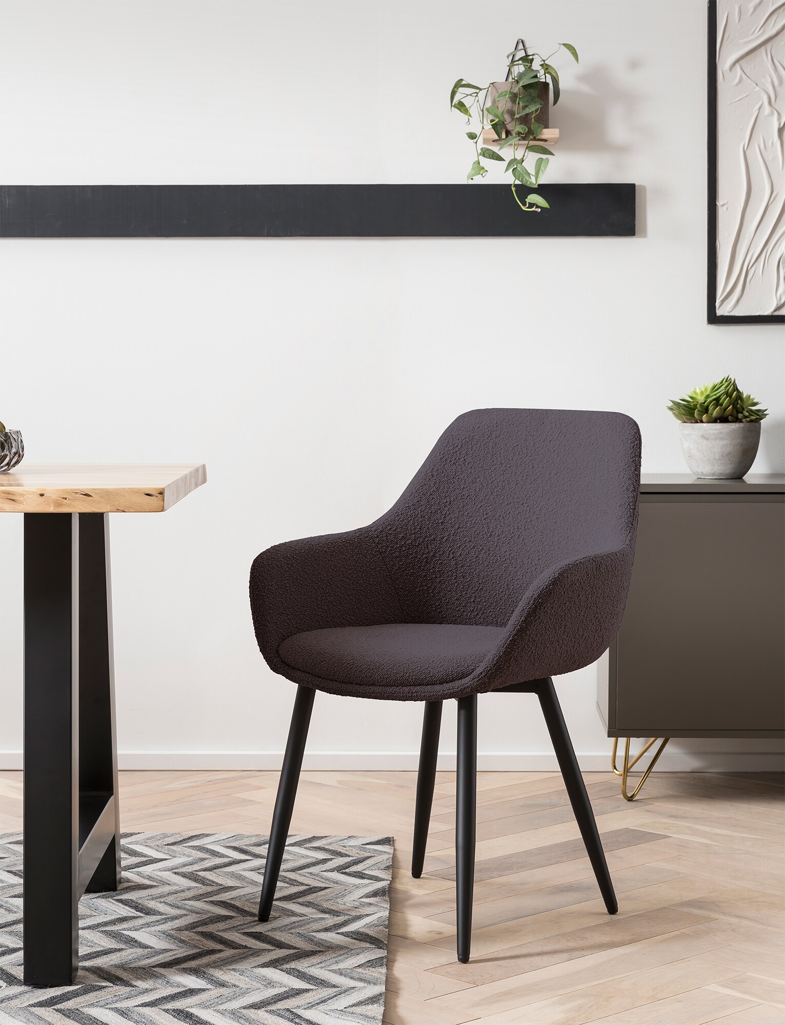 Armlehnstuhl Bouclé Stoff Anthrazit 2er Set Wohnzimmer Küche Esszimmer Stuhl