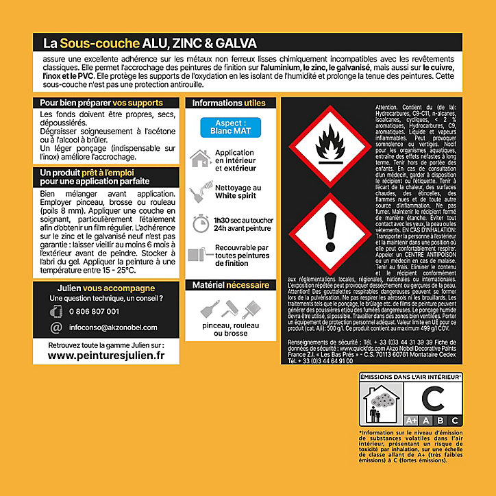Sous couche alu zinc galva J1 Julien mat blanc 0,5L