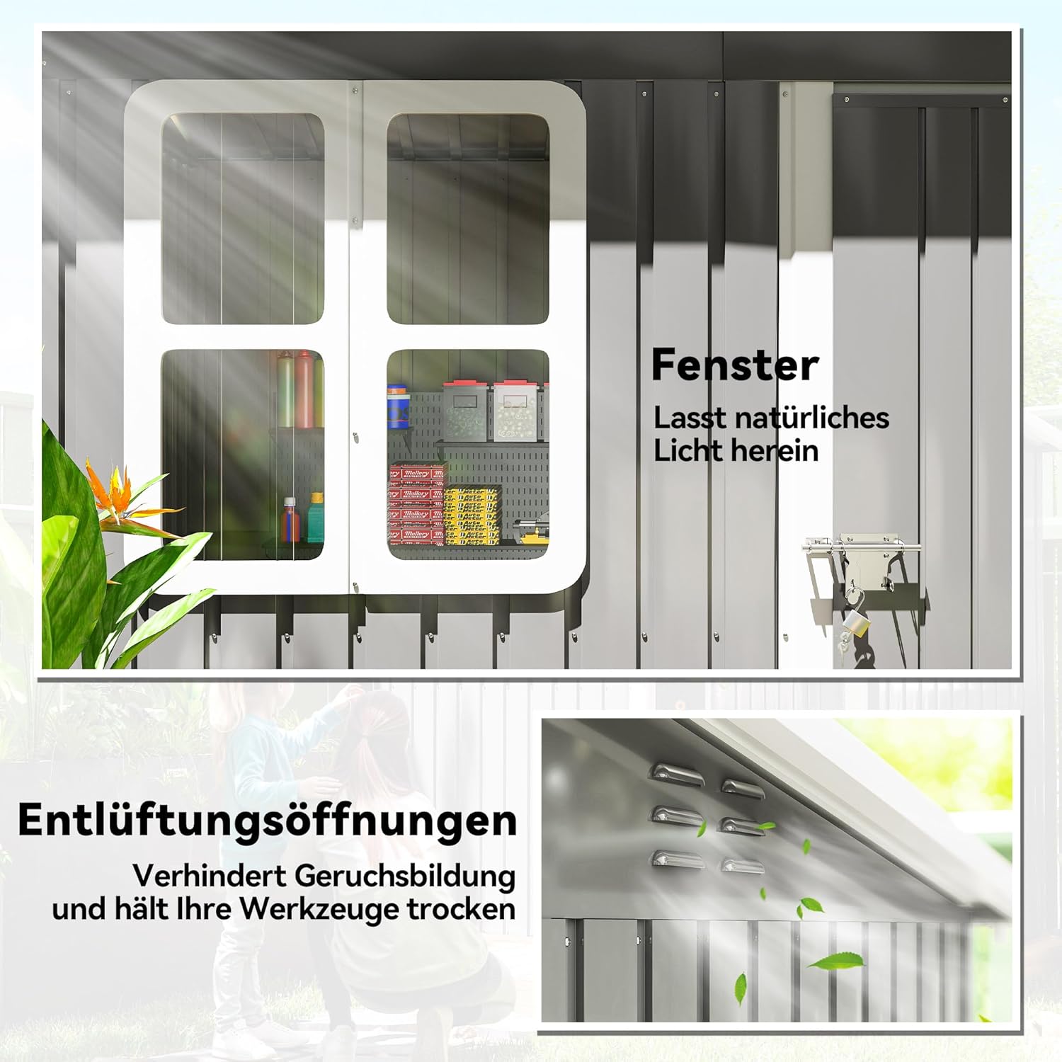 Outsunny Gerätehaus 2,55m², Gartenhaus mit Pultdach, 221 x 133 x 190/173 cm, Geräteschuppen mit Abschließbar Tür, Fenster, Fahrradgarage, Gartenschrank aus Stahl, für Hinterhof, Garten, Dunkelgrau