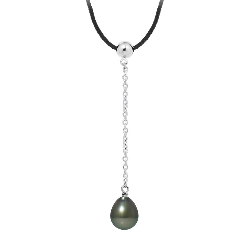 Collier Femme en Coton noir, Perle de Tahiti et Argent Massif 925
