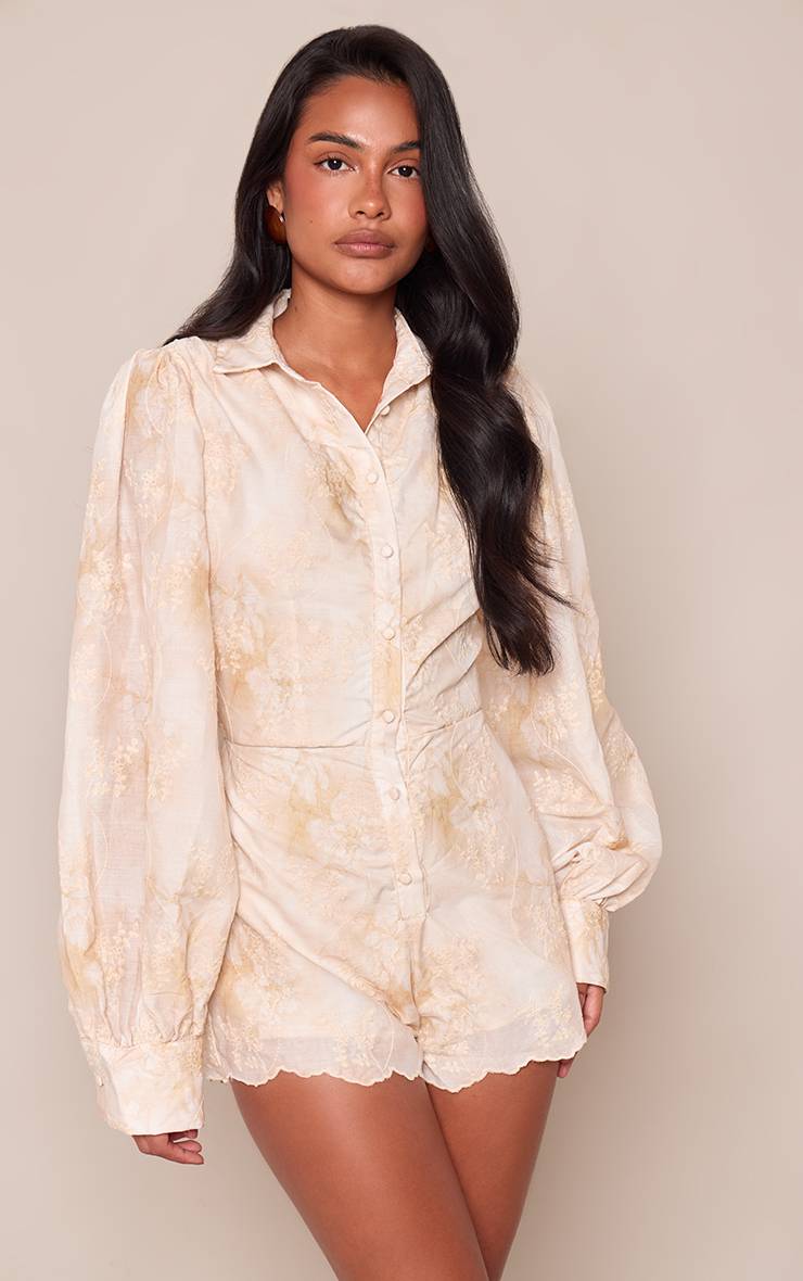 Gris Pierre Combi-short À Manches Bouffantes En Broderie Anglaise