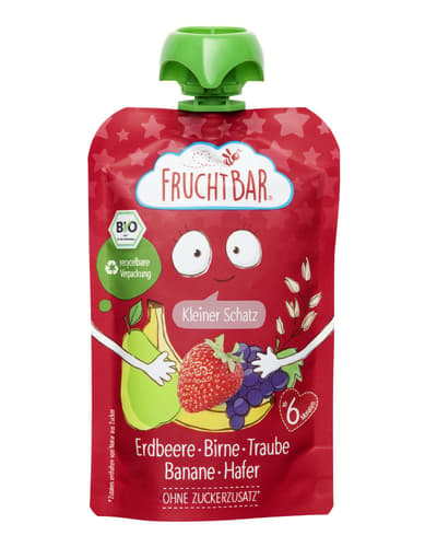 FruchtBar BIO Fruchtpüree 'Kleiner Schatz' Erdbeere, Birne, Traube, Banane, Hafer