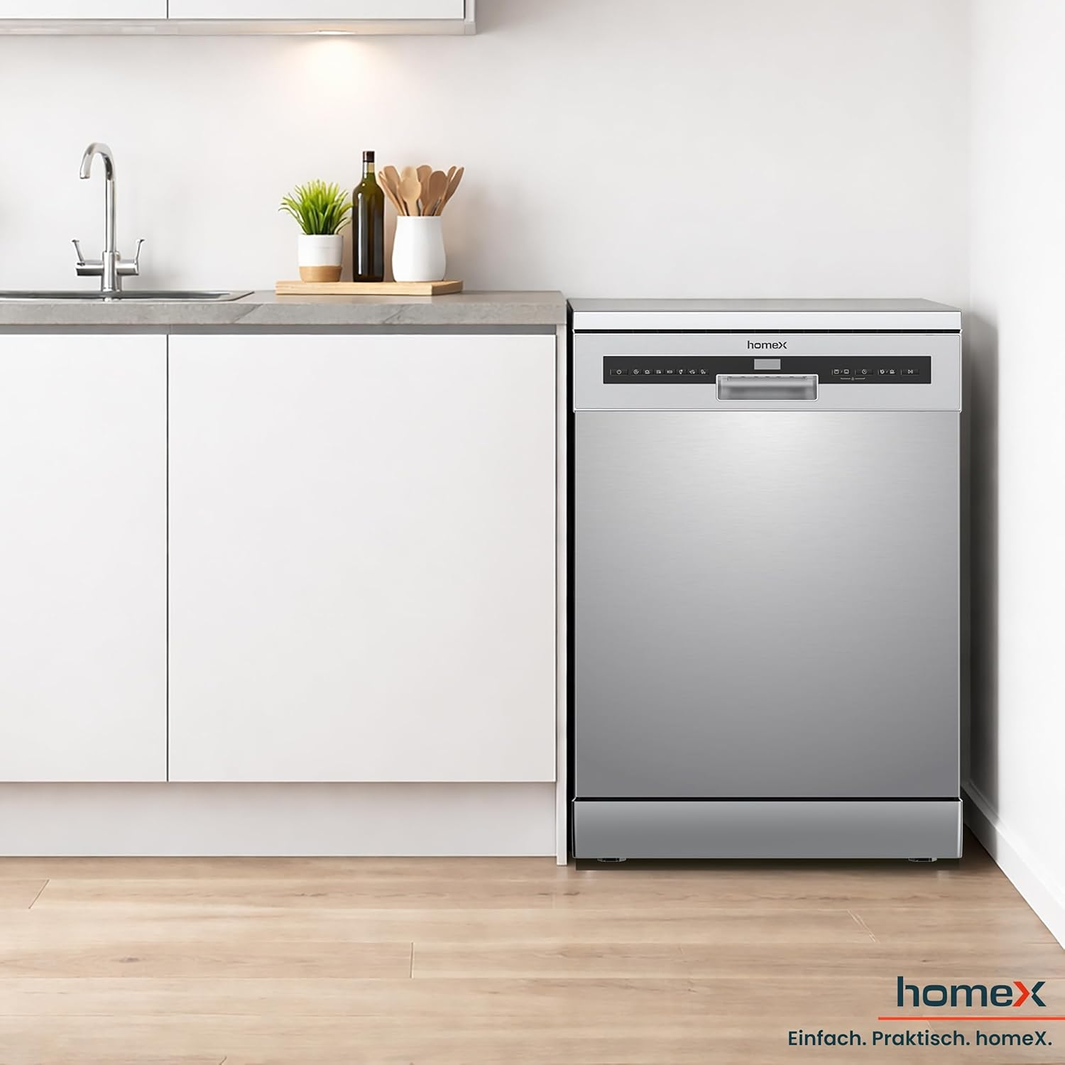 homeX Geschirrspüler 60 cm, Spülmaschine freistehend - 14 Maßgedecke, 7 Programme, AquaStop, Besteckschublade, 44 dB, Startvorwahl, Überlaufschutz, Automatische Türöffnung, Unterbaufähig, Silber