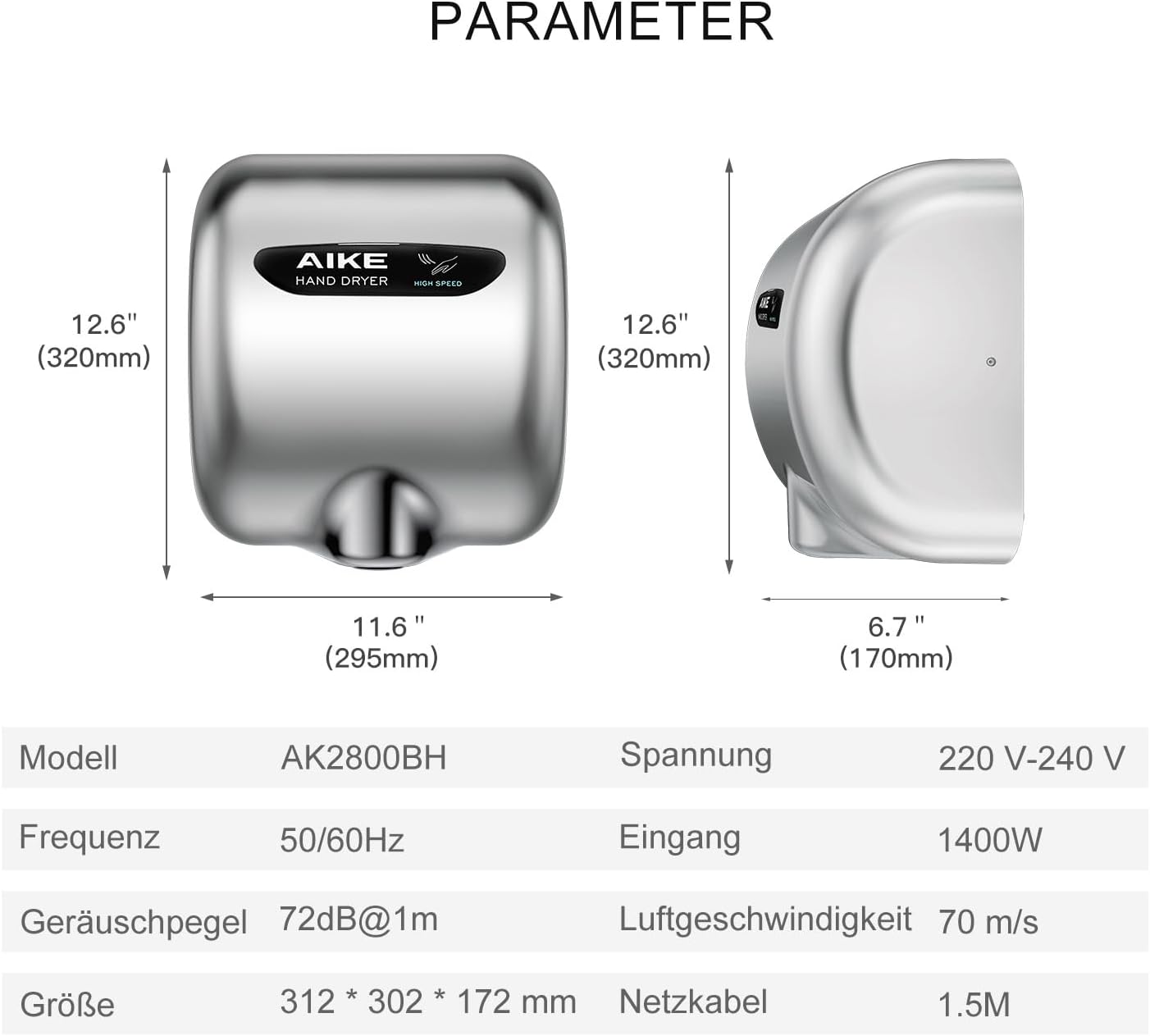 AIKE AK2800B ECO Händetrockner - elektrisch, aus gebürstetem Edelstahl mit Sensorautomatik und HEPA-Filter, 10–15 Sekunden Trocknung, umweltfreundlich und effizient