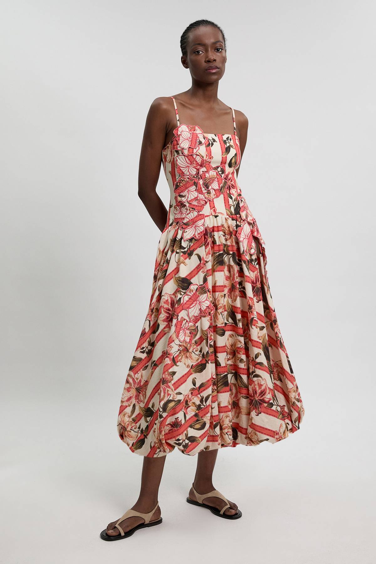 KarenMillen Robe Midi En Coton Lin À Imprimé Floral 3D Et Ourlet Bouffant