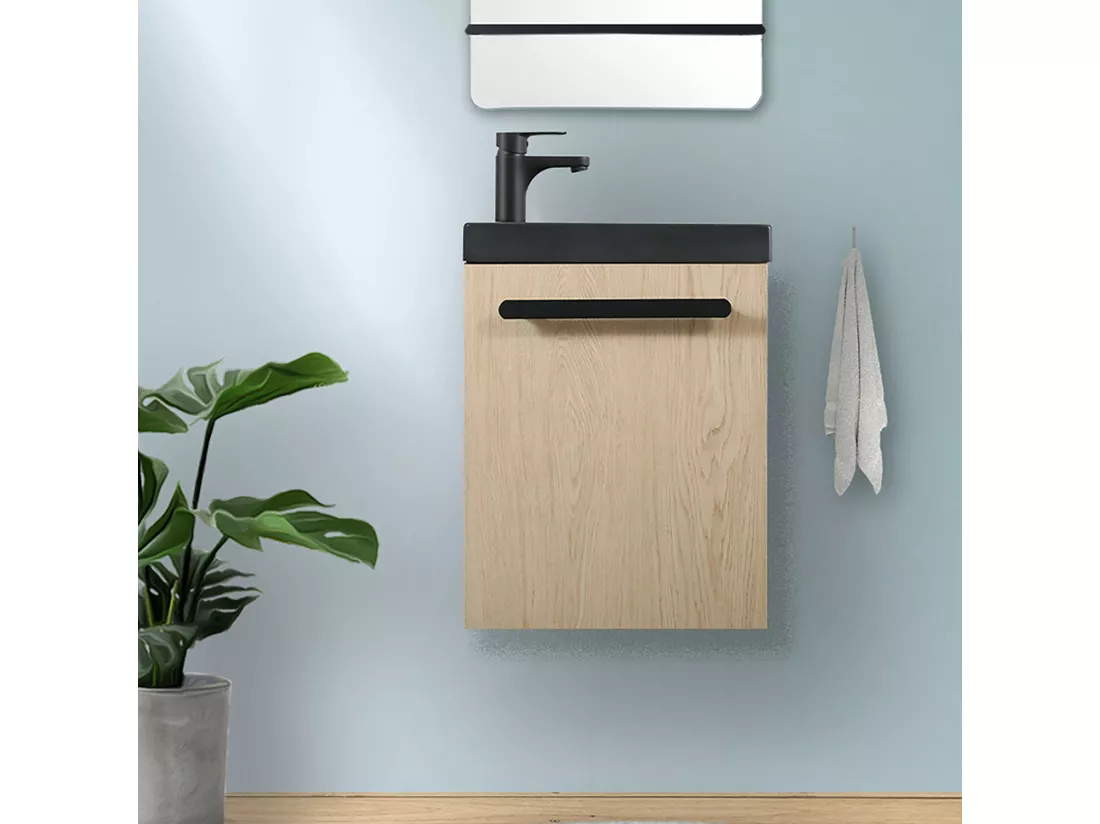 Meuble lave-mains décor chêne vasque noire NEVADA