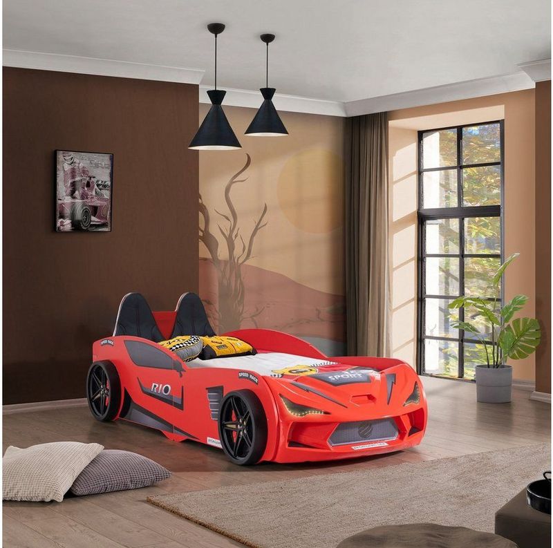 Aileenstore - Autobed Rio - Kinderbed - Rood - 90x200 incl. Lattenbodem en LED-verlichting