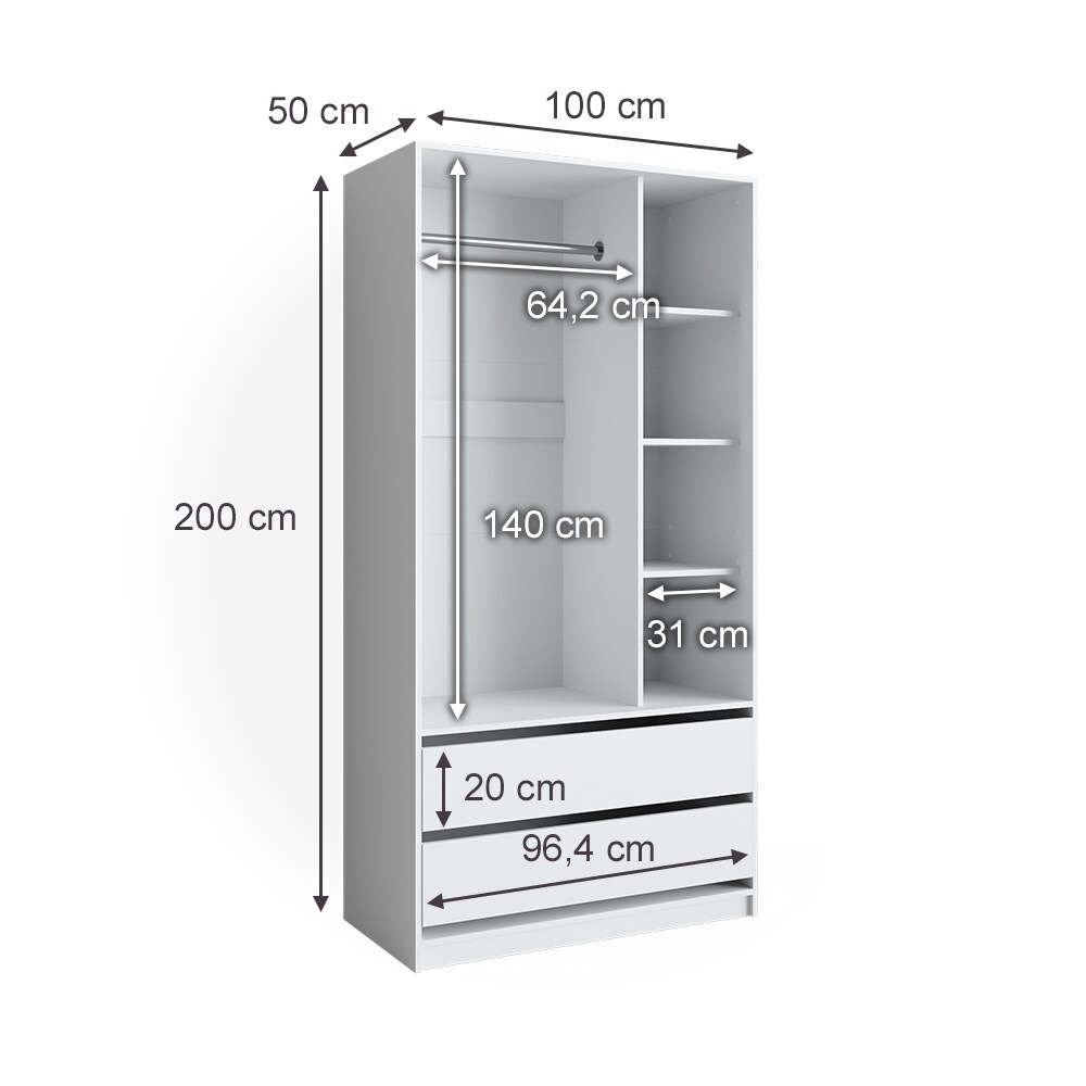 Vicco Kleiderschrank Elmo 100 x 200 cm, Weiß, offen, Garderobe, Schubfächer, Schlafzimmer