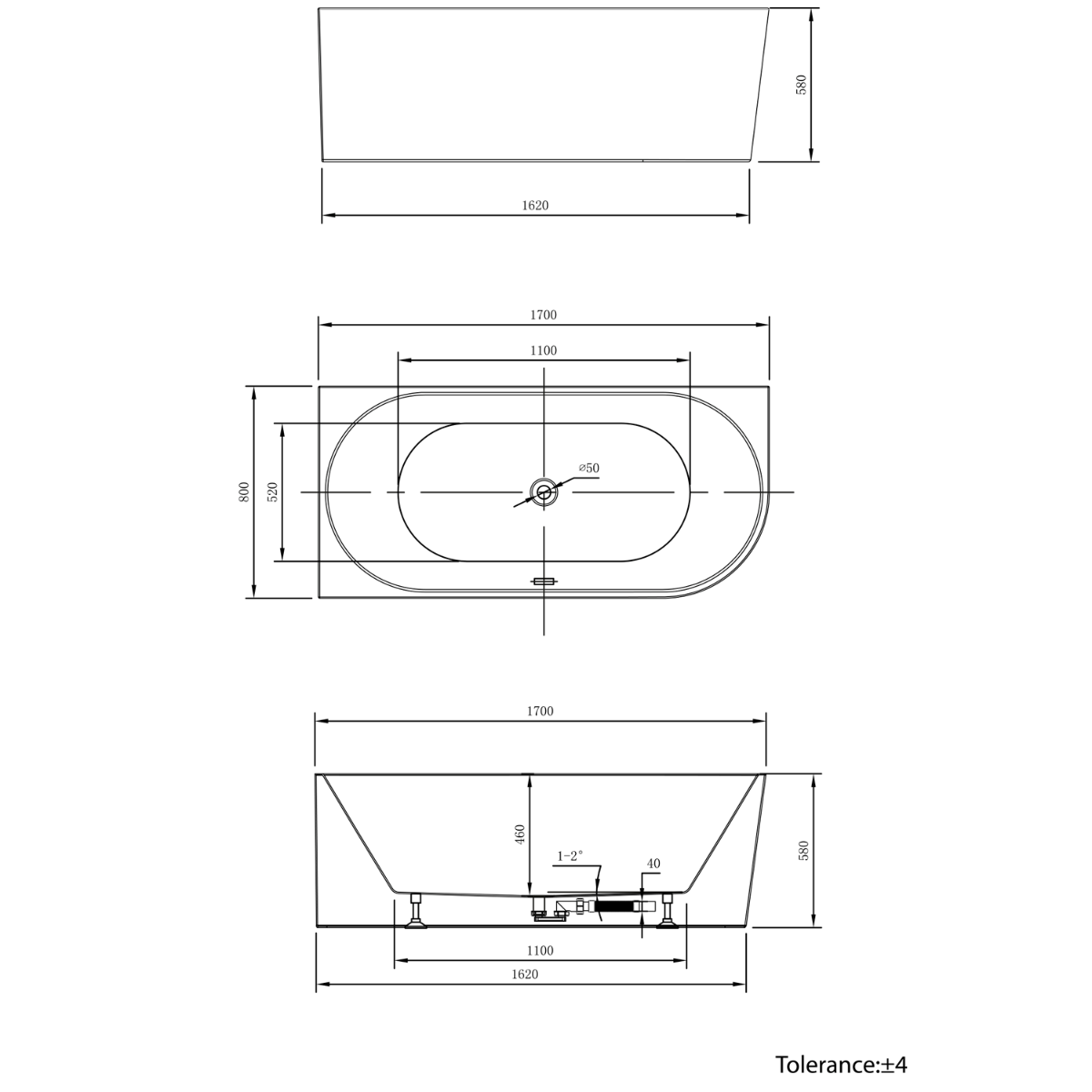 Aqualine Tibera half-vrijstaand ligbad links 170x80x58cm wit