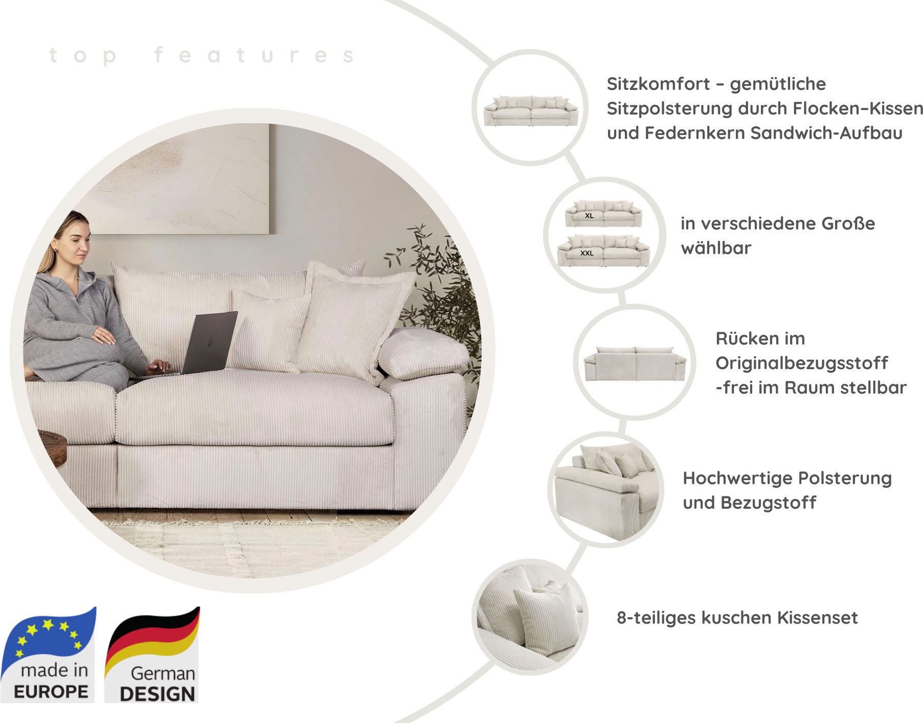 Home affaire XXL-Sessel »Soft&Cosy, B: 151 cm« Mega-Sessel, Cord oder Chenille-Struktur,mit 2 Zierkissen