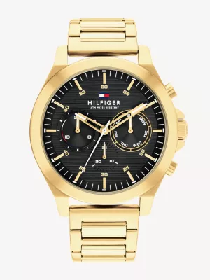 Relógio com pulseira e mostrador preto banhado a ouro