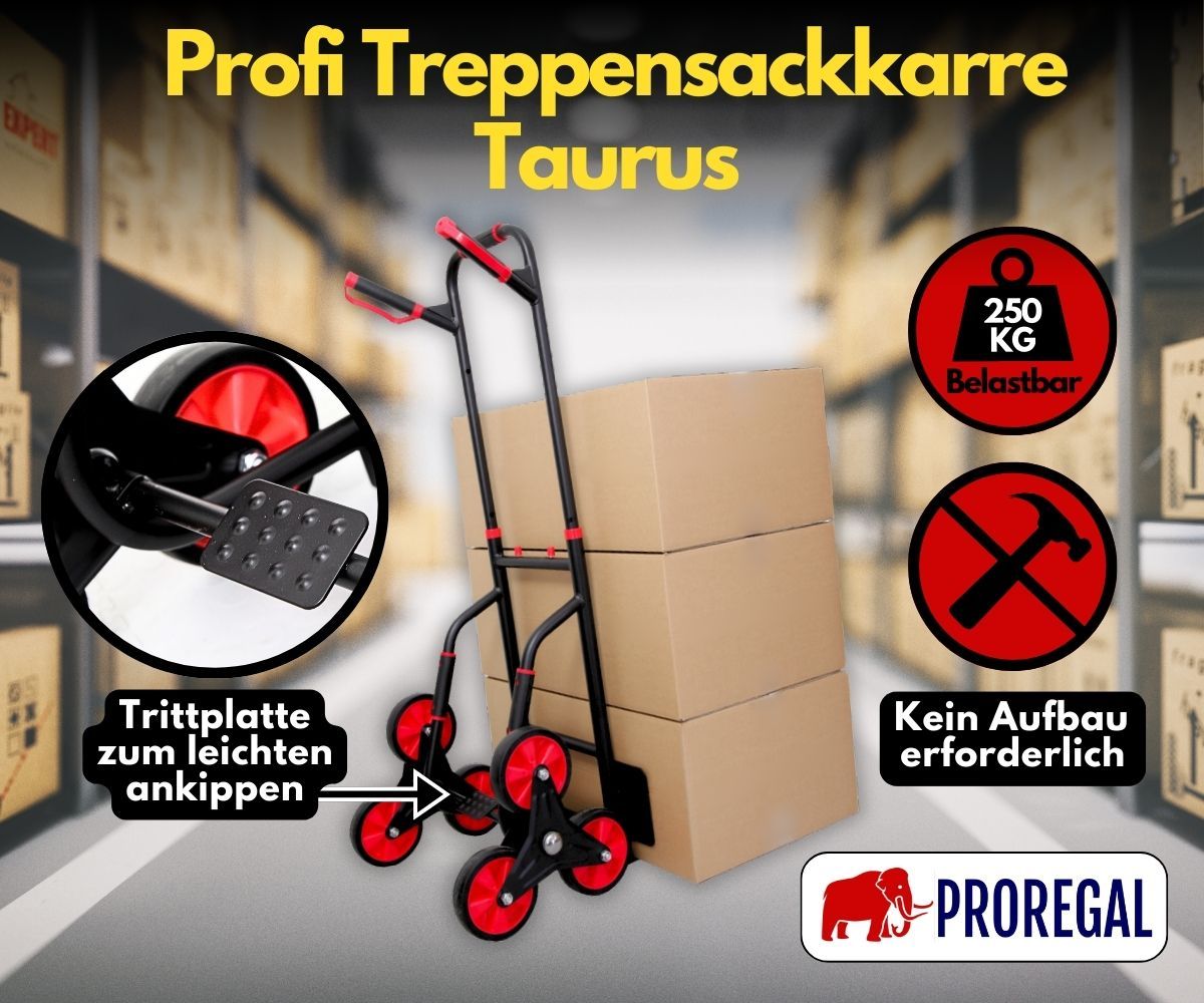 PROREGAL Opvouwbare Professionele Trapklimmer TAURUS 250 HxBxD 115 x 52 x 63 cm Draagvermogen 250 kg Stalen frame Ergonomische handgrepen TPR rubberen wielen Rood-Zwart