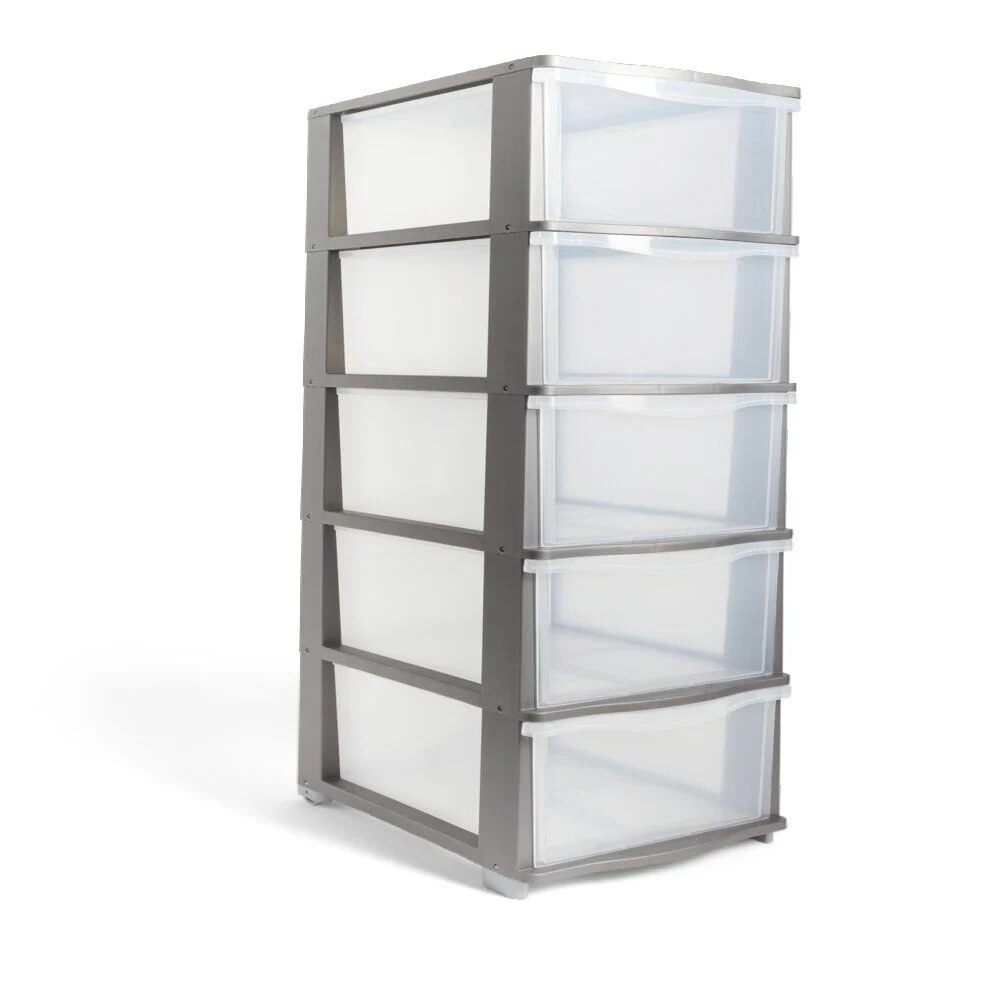 Tour de rangement 5 tiroirs plastique gris 37x27xH103cm