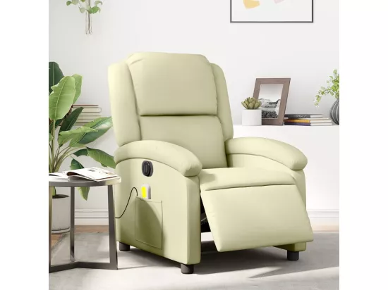 Fauteuil massant inclinable électrique crème cuir véritable