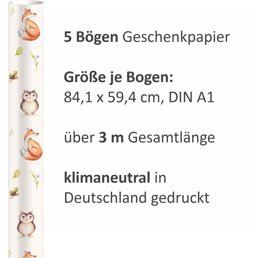 Nikima Geschenkpapier 5 Bögen Waldtiere pastell – 1,60€qm Größe: - 84,1 x 59,4 cm bunt