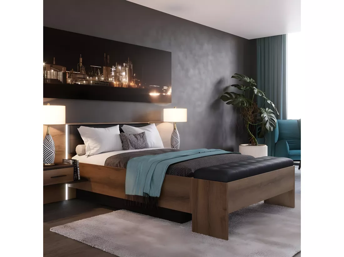 Banc coffre 165 cm décor chêne foncé assise capitonnée noir - RIVIERA