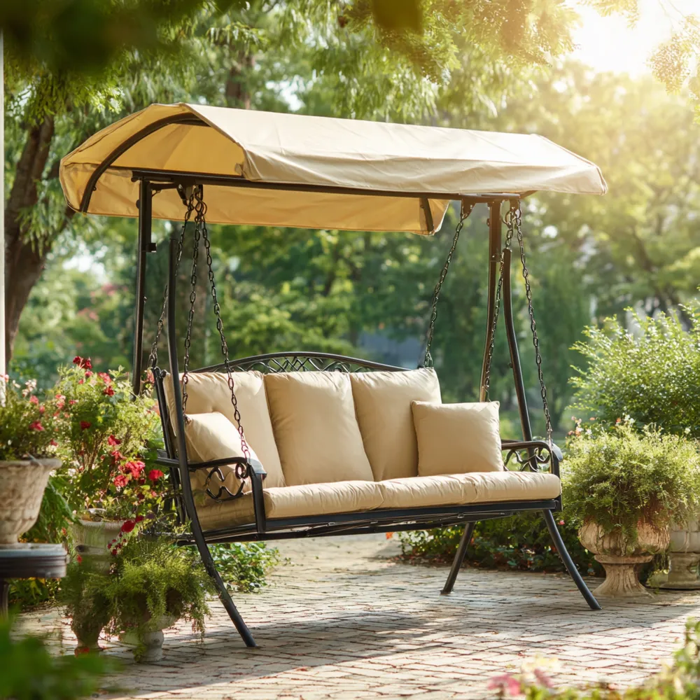 Gartenschaukel mit Verdeck Metallrahmen Beige – 200x120x170 cm – Outdoor-Entspannung