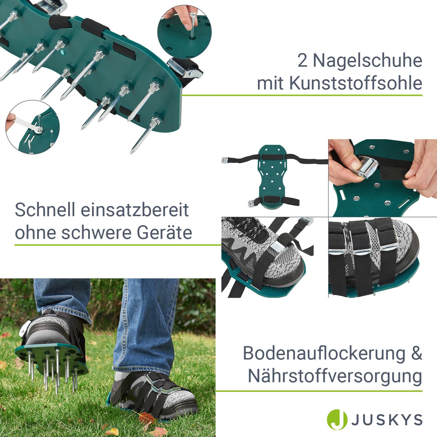 Juskys Rasenlüfter Schuhe mit Stahlnadeln & Riemen - Rasen lüften - Nagelschuhe in Universalgröße