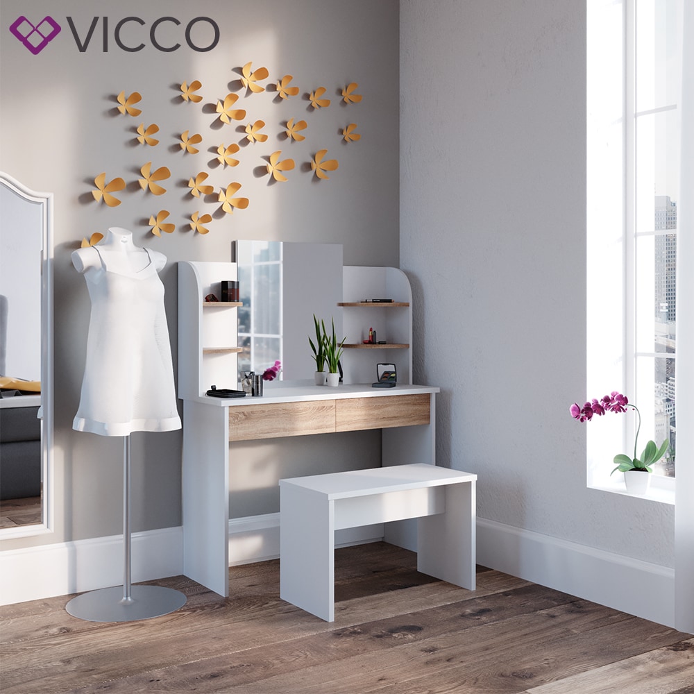 VICCO Schminktisch CHARLOTTE Frisiertisch Weiß Eiche Kommode Kosmetiktisch Bank