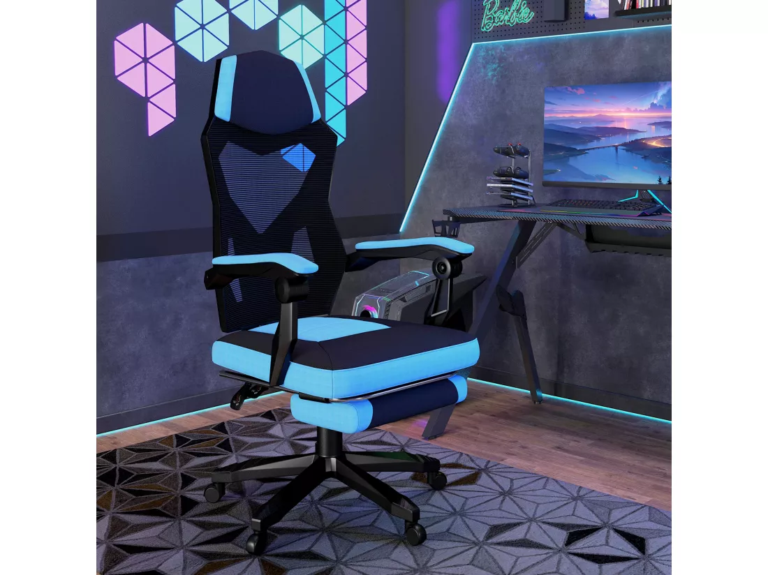 Fauteuil gaming chaise gamer dossier et hauteur réglable roulettes pivotantes repose-pied tissu maille bleu noir