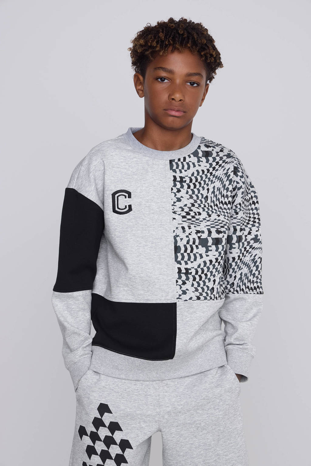 Coolcat sweater Nathan met allover print grijs melange