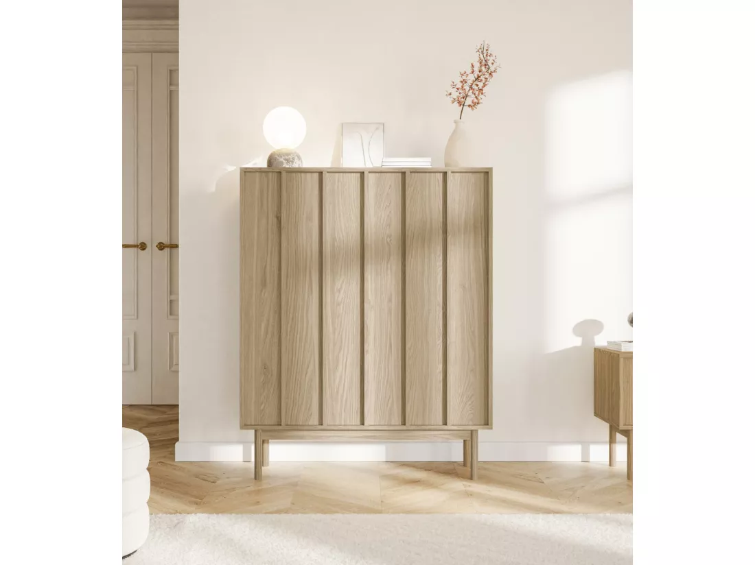 Commode haute à deux portes - 100 cm - couleur de bois chêne huilé - NEKSTO