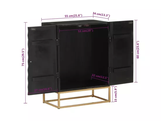 Buffet Noir 55x34x75 cm Bois massif de manguier et fer