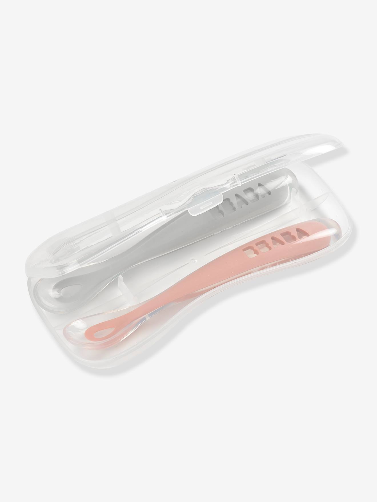 Conjunto de 2 colheres ergonômicas de aprendizagem + estojo de transporte rosa médio BEABA