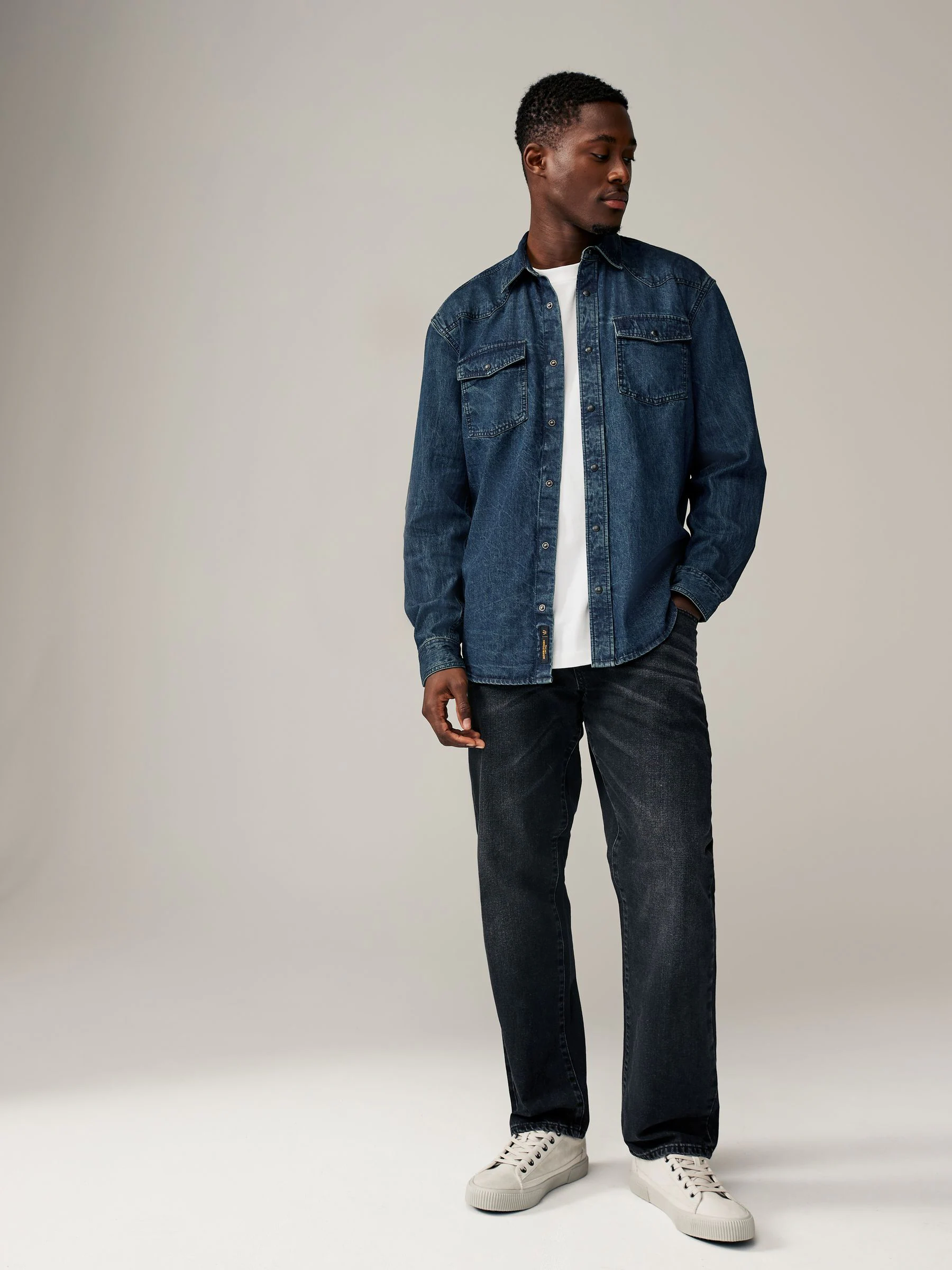 Donkerblauw - Denim Western 100% Cotton Long Sleeve Shirt