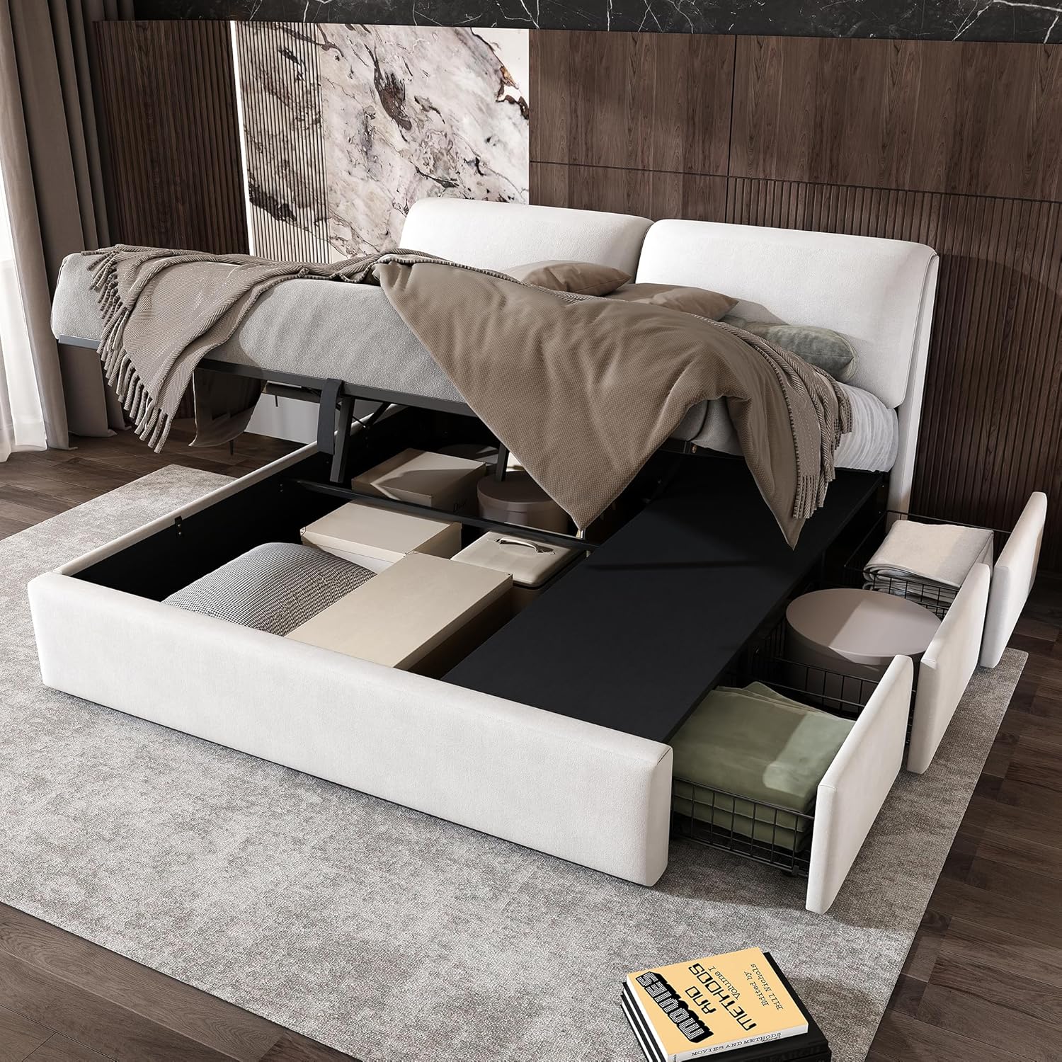 Polsterbett Doppelbett 180x200 cm mit 3 Stauraum Schubladen, Bett mit Stauraum und Kopfteil, Stauraumbett mit Hydraulische Metallrahmen und Lattenrost aus Holz, Samt, Beige, Ohne Matratze