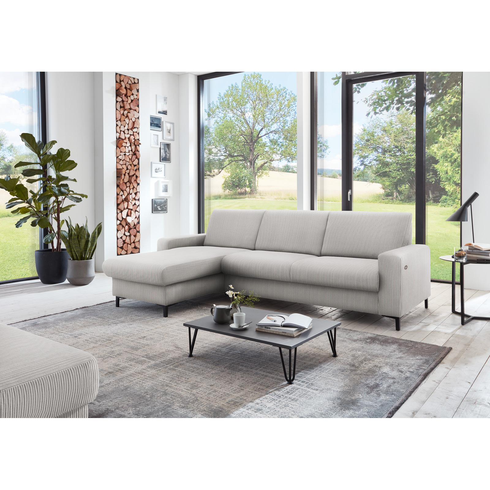 Ecksofa Hamburg, Feincord grau, motorische Relaxfunktion