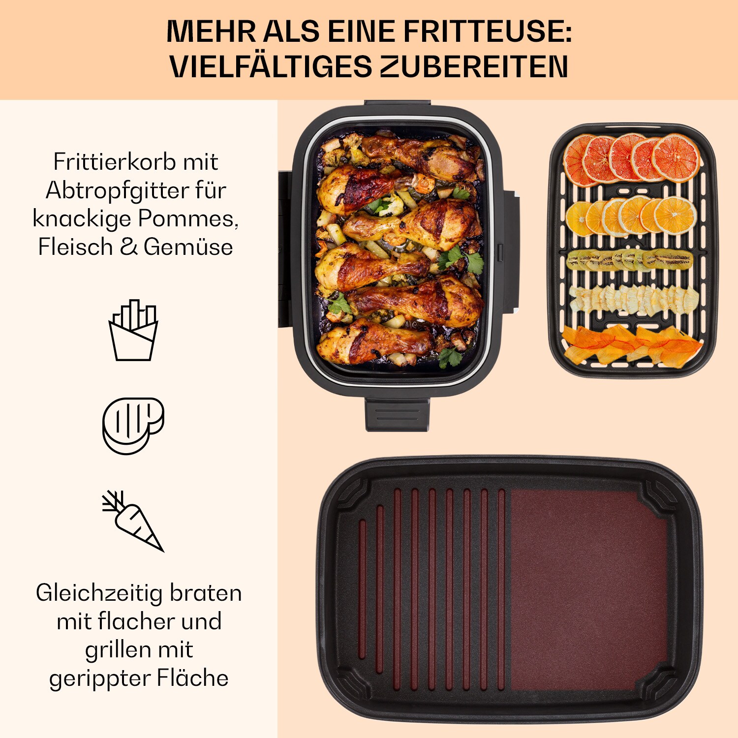 Combo Air Grill-Heißluftfritteuse 5 Programme 1500 Watt 4,5 L Grillkorb 2,5 L Frittierkorb Schwarz